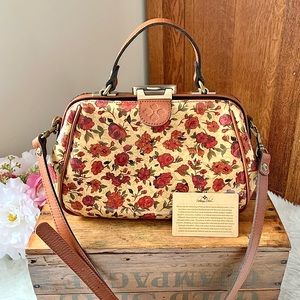 NEW Patricia Nash Floral Gracchi Satchel Tan Rosso Fiore Frame Leather bag NWOT